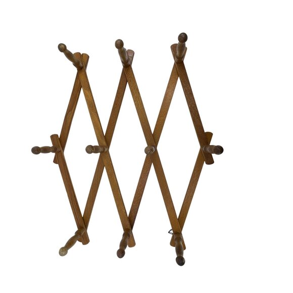 vintage wooden expandable accordion wall rack with 10 pegs made in japan - Picture 1 of 4